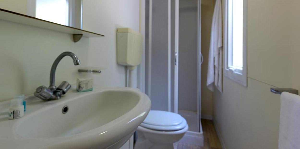 Bagno compatto con doccia, lavabo e WC.