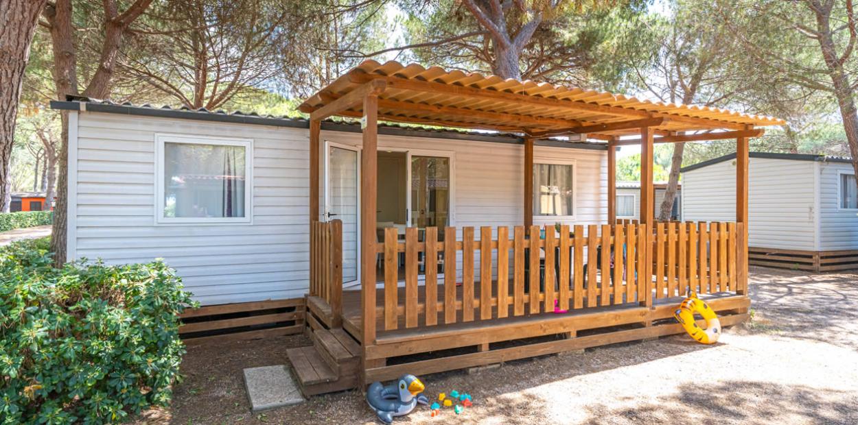 Casa mobile con veranda in legno, immersa tra alberi in un ambiente naturale.
