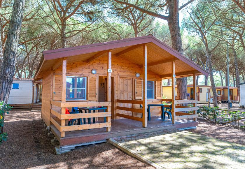 Bungalow in legno immerso in una pineta, con veranda e sedie all'aperto.
