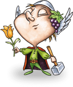 Personaggio con cappello alato, martello e fiore, abito verde e mantello rosso.