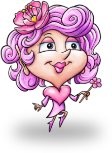 Personaggio con capelli rosa e fiore, abito a cuore e bastone con fiore.