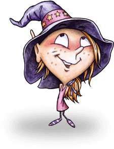 Strega sorridente con cappello a stelle, abito rosa e calze a righe.