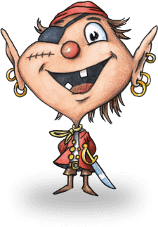 Pirata cartone animato con benda, anello e coltello, sorridente e orecchie grandi.