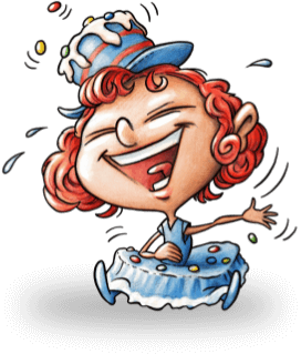 Personaggio allegro con cappello da festa e capelli rossi ricci, ride con gioia.