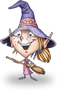 Strega sorridente con cappello viola e scopa, vestita di rosa.