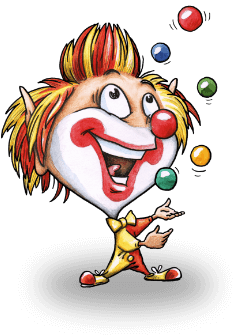 Clown colorato che gioca con palline, sorridente e con capelli vivaci.