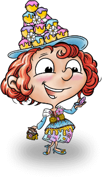 Personaggio con cappello di dolci e abito decorato, sorridente e colorato.