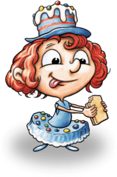 Personaggio con cappello torta, capelli rossi, abito blu, mangia biscotto con gioia.