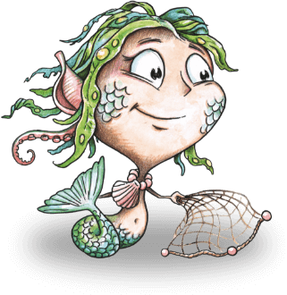 Sirena cartone animato con capelli verdi e rete, sorridente e amichevole.