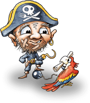 Pirata con uncino e pappagallo, cappello con teschio e bomba a catena.
